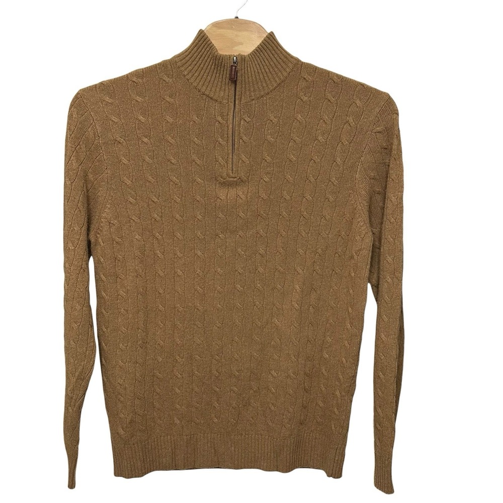 J.CREW Men's Size XLT Cable Knit Wool Blend Knit 1/4 Zip Mock Neck Sweater Brown